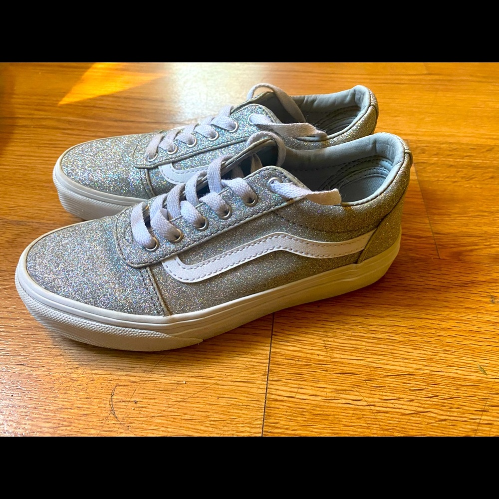 Vans Off the Wall Canvas Youth Girls Silver Glitter Lace-Up Sneakers Size 2